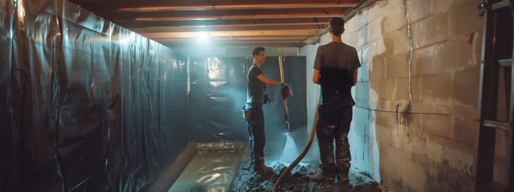 a bright, professional basement scene showcases contractors applying waterproofing membranes to exposed concrete walls while one seals cracks with hydraulic cement and another installs a french drain, creating a sense of effective water management in a clean, well-lit environment.