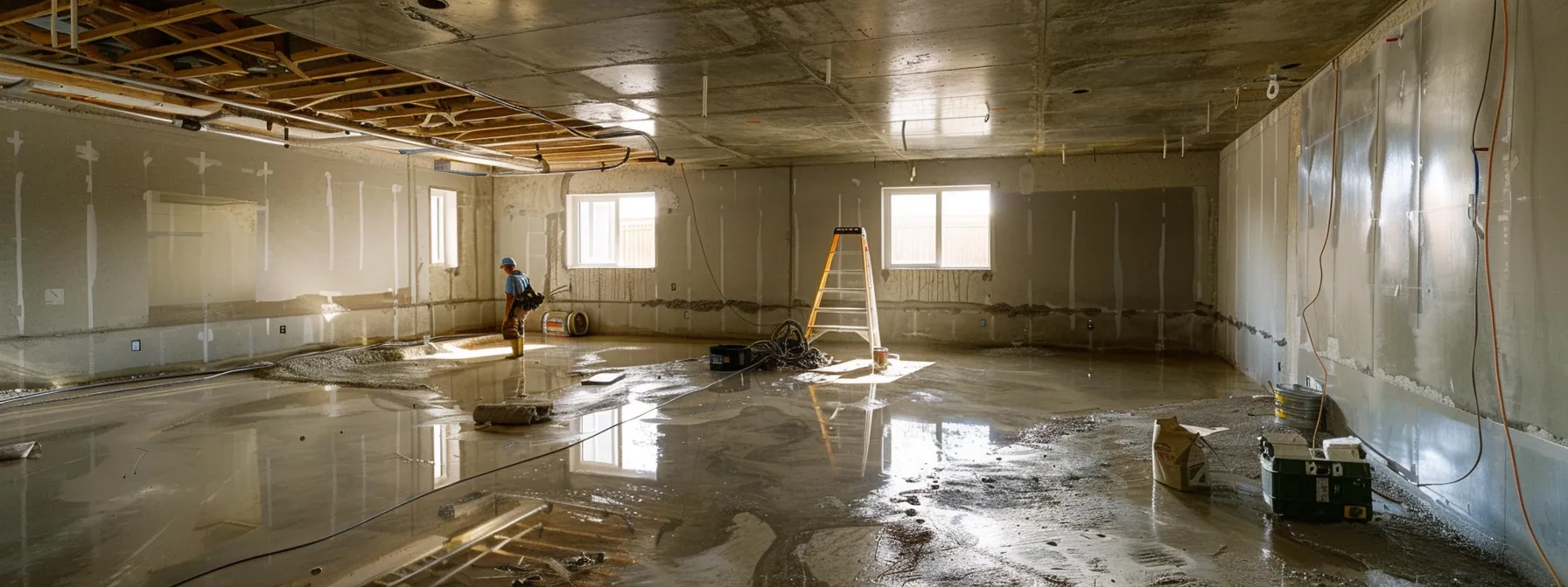 a brightly lit residential basement showcases the waterproofing process, featuring exposed concrete walls with workers applying waterproof membranes, sealing cracks with hydraulic cement, and installing a french drain, all within a clean and professional environment.