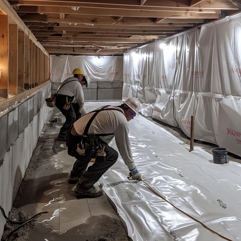 a clean and well-lit basement shows contractors in safety gear applying waterproofing membranes to the exposed concrete walls while installing a french drain along the perimeter, illustrating the proactive process of enhancing indoor air quality and health.