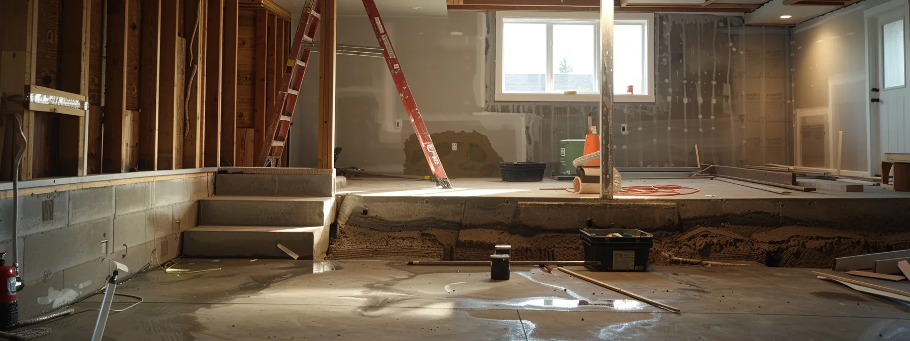 a professional basement waterproofing scene captures a well-lit space with exposed concrete walls, where a contractor skillfully seals cracks with hydraulic cement while another installs a french drain, highlighting the precision of waterproofing techniques and the readiness of a sump pump in the corner.
