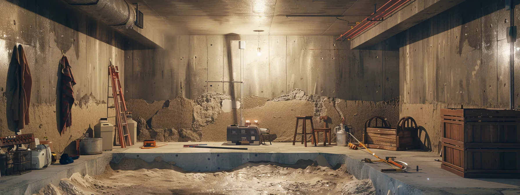 a well-lit residential basement showcases the professional waterproofing process, featuring exposed concrete walls and a contractor diligently sealing cracks with hydraulic cement while another installs a french drain, all surrounded by neatly arranged tools and a sump pump awaiting installation.