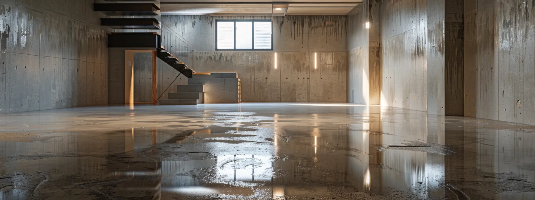 a well-lit basement showcases the professional waterproofing process, featuring exposed concrete walls and floors, as a contractor skillfully seals cracks with hydraulic cement while another expertly installs a french drain alongside a ready-to-install sump pump.
