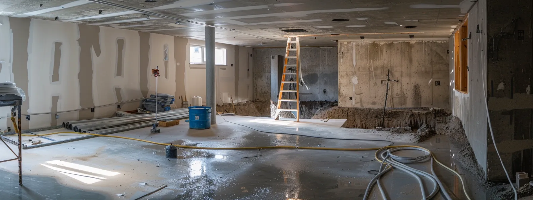 a well-lit residential basement features exposed concrete walls as a contractor applies waterproofing membranes while sealing cracks with hydraulic cement, alongside the installation of a french drain and a sump pump in a clean, professional workspace.