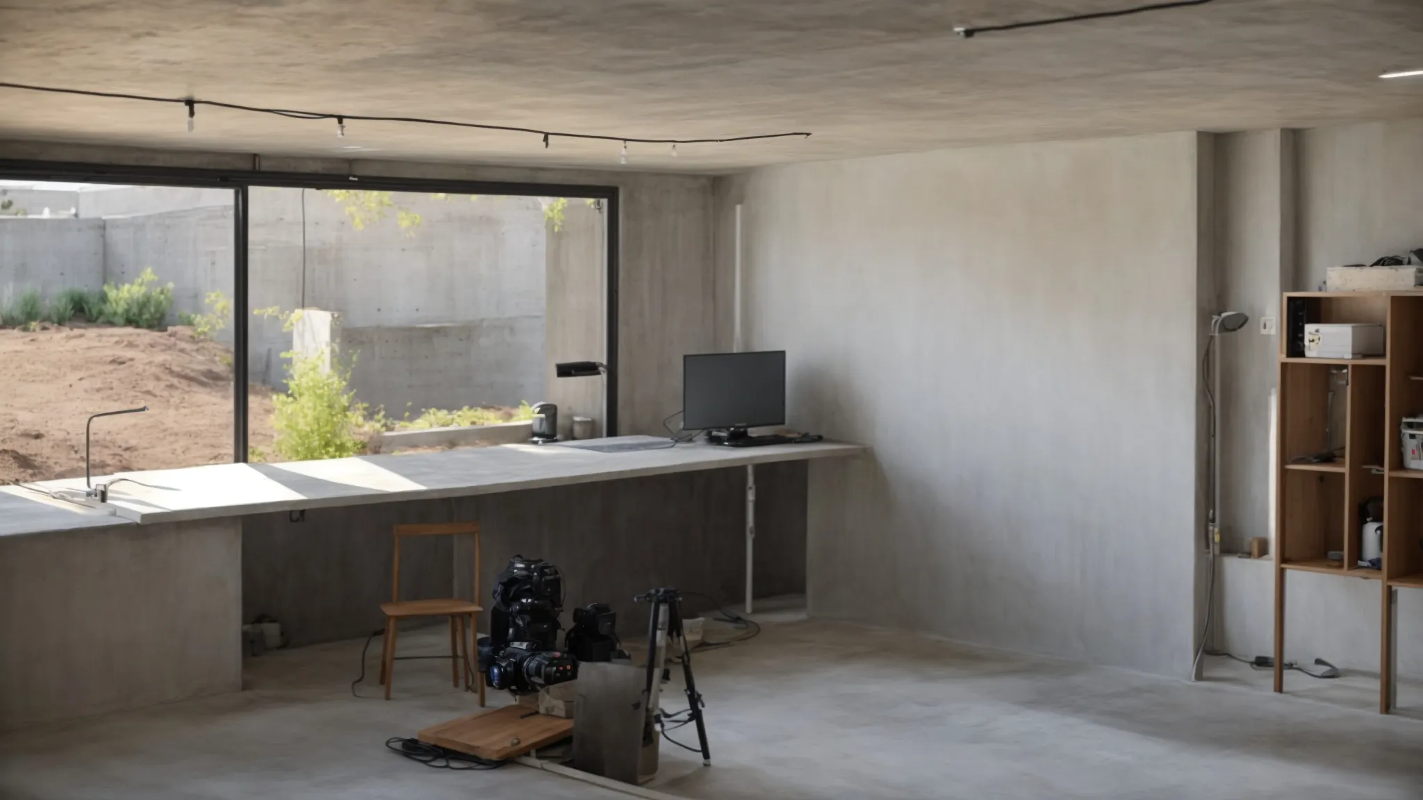 a professional contractor meticulously applies waterproofing membranes to exposed concrete walls in a bright basement, while another expertly installs a french drain along the perimeter, showcasing a clean and efficient workspace.