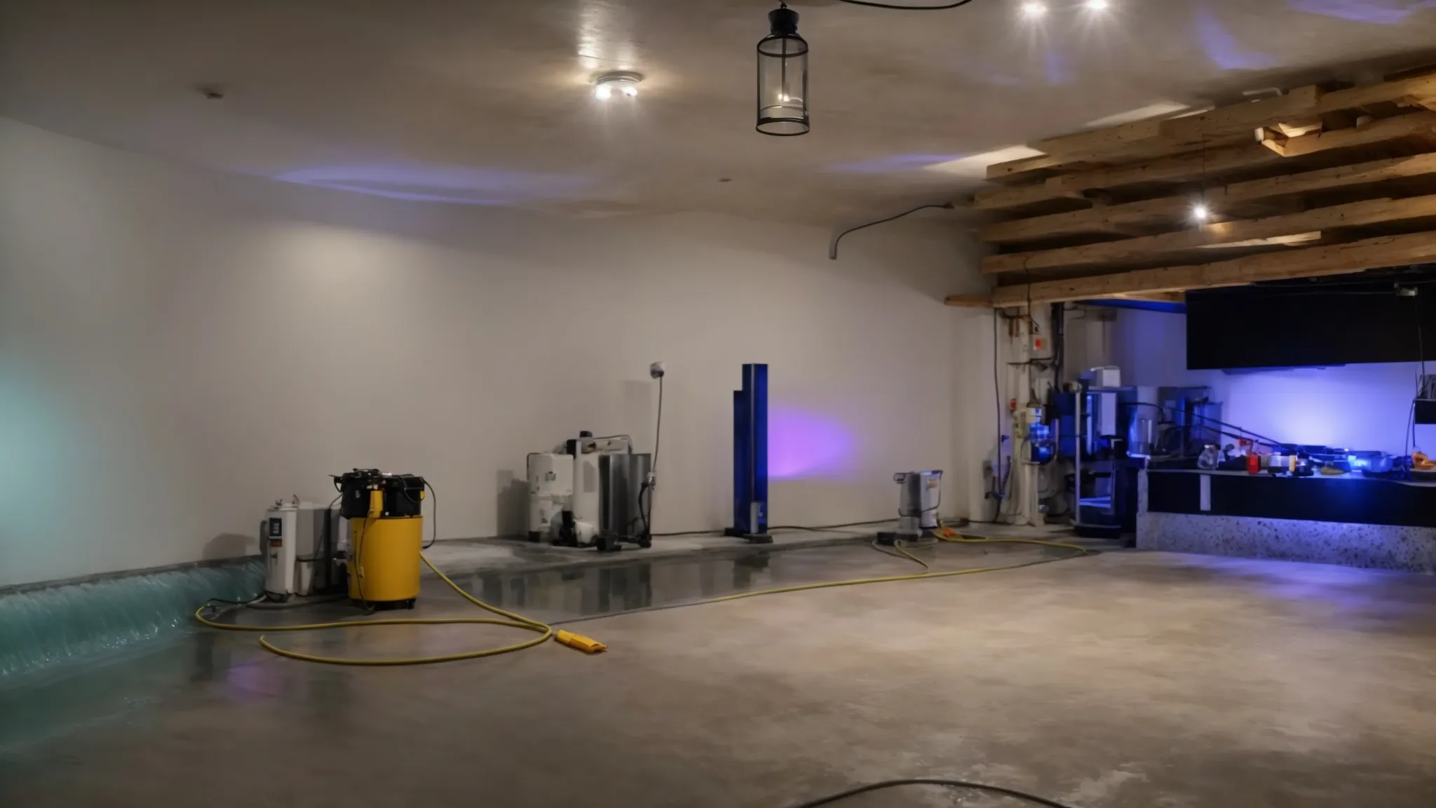 a well-lit residential basement showcases a waterproofing process in action, featuring exposed concrete walls with vibrant waterproofing membranes being expertly applied, a contractor diligently sealing cracks with hydraulic cement, and a new french drain being installed, all within a clean and professional workspace.