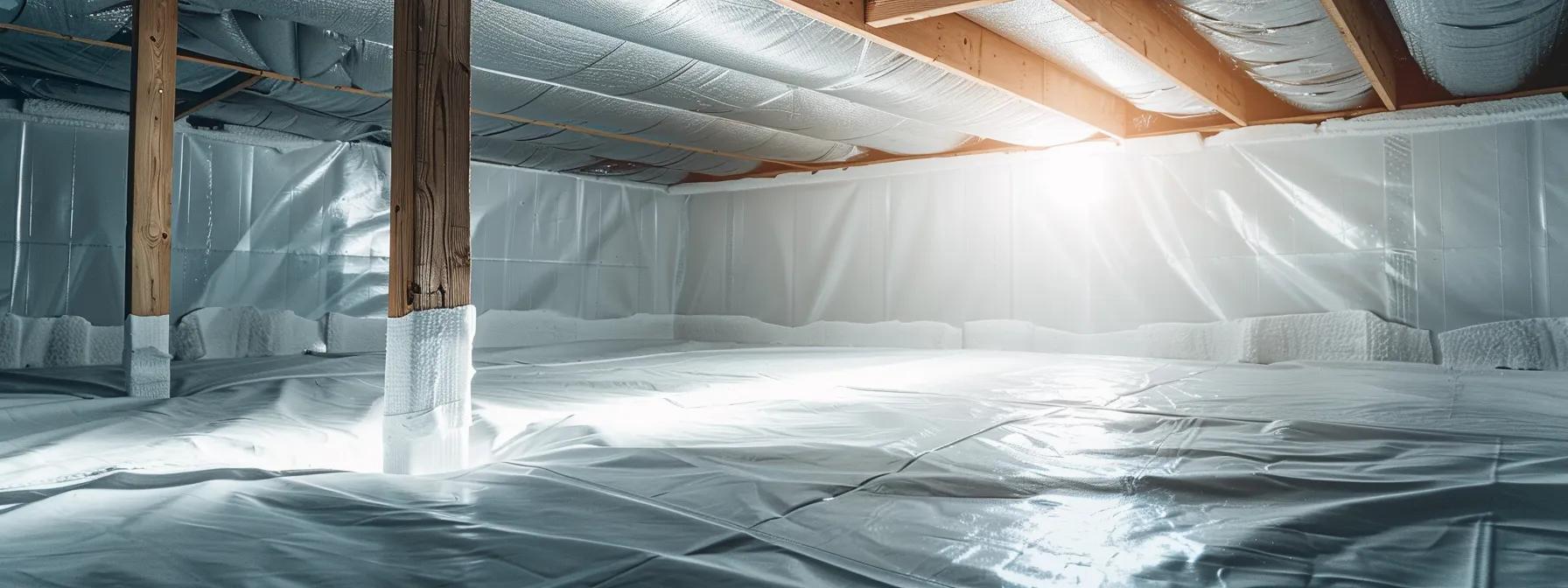 a clean, modern crawl space is vividly encapsulated with smooth, white vapor barriers and robust supports, illuminated by bright, artificial lights, showcasing the transformation that enhances structural integrity and indoor air quality for nyc and staten island properties.