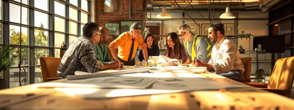 a well-lit, professional office environment features a focused group of diverse individuals engaged in a serious discussion around a table strewn with blueprints and inspection reports, highlighting the process of selecting a trustworthy basement repair contractor.
