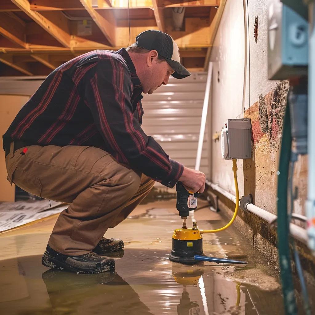 Licensed contractor assessing basement for water damage with specialized tools