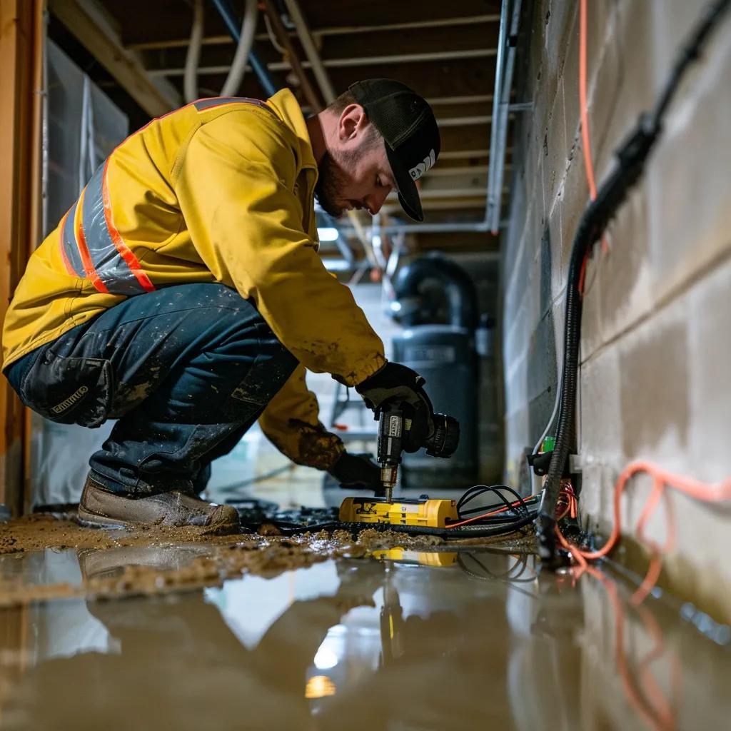 Licensed contractor assessing basement for water damage with specialized tools