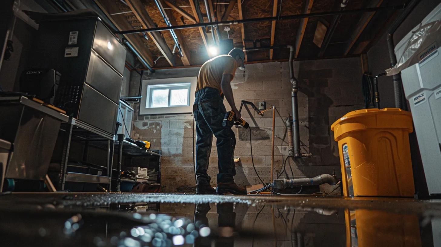 a professional waterproofing contractor examines a robust, dry basement's foundation, equipped with advanced tools, while assessing water intrusion sources amidst a clean, well-lit urban workshop setting.