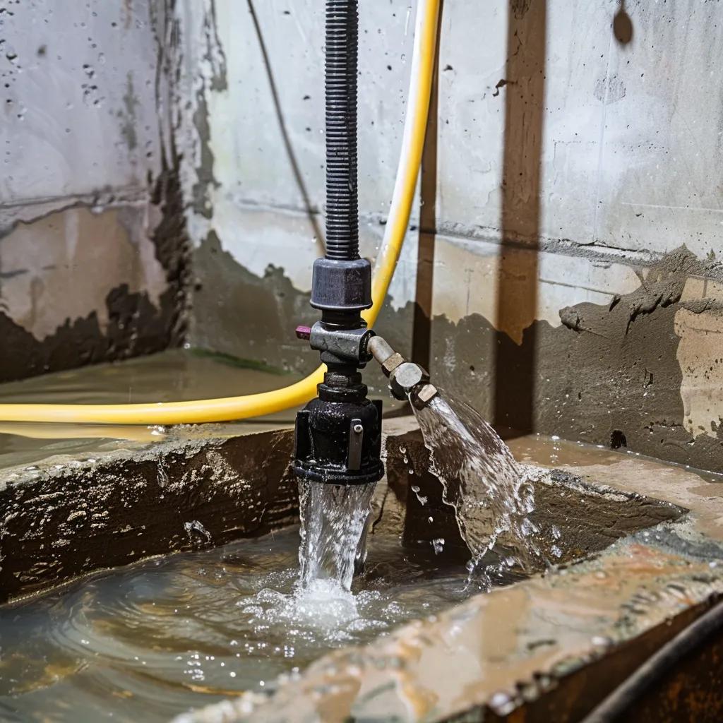 Sump pump installation in a basement actively removing groundwater