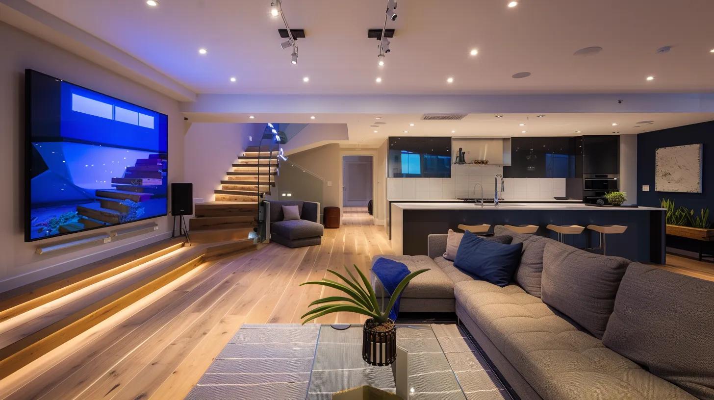 a modern urban basement showcases a cutting-edge waterproofing system, featuring sleek interior sealants and advanced drainage solutions, all highlighted under bright artificial lighting that emphasizes the dryness and functionality of the space.