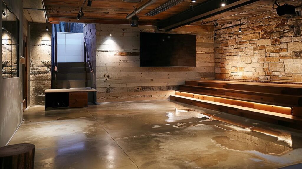 a modern basement equipped with sleek waterproofing technology prominently displayed against a backdrop of traditional, outdated methods, highlighting the contrast between innovation and convention in a well-lit, professional setting.