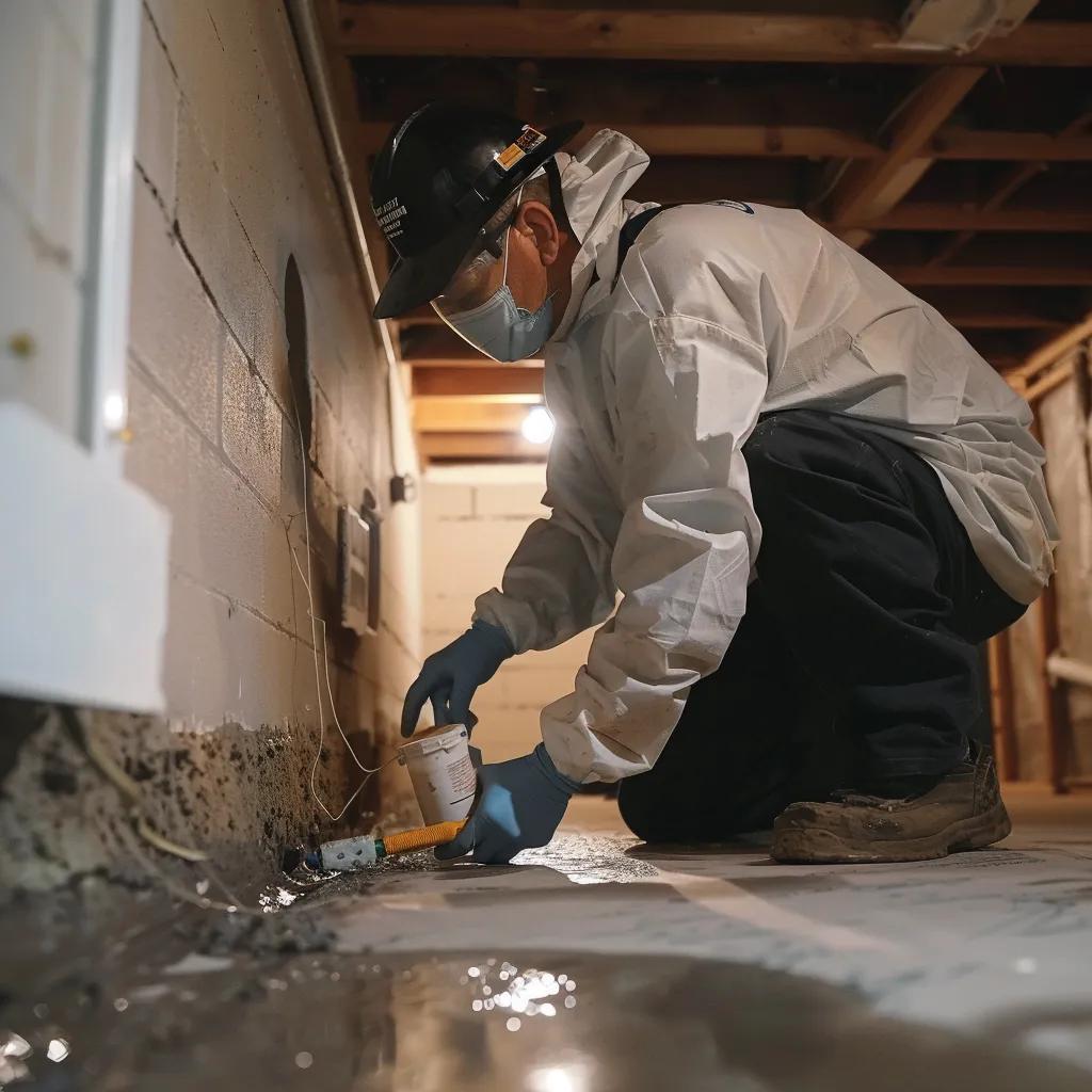 Professional waterproofing contractor inspecting a basement for moisture intrusion