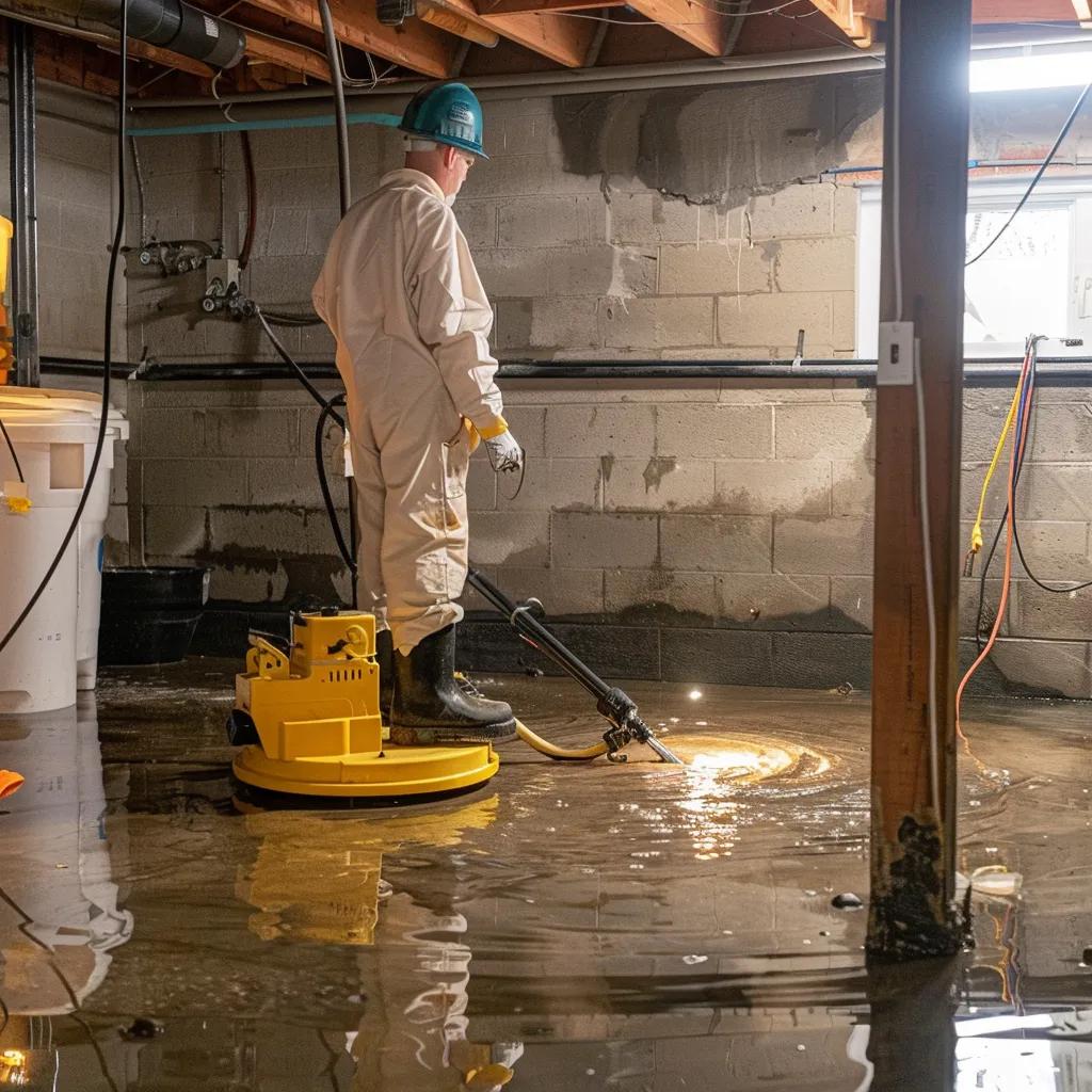 Sump pump installation in a basement actively removing groundwater